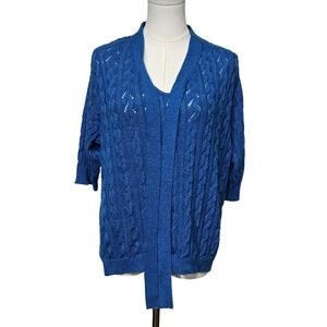 Jantzen Sweater Womens Large Blue Cable Knit Belted Open Cardigan 3/4 Sleeve